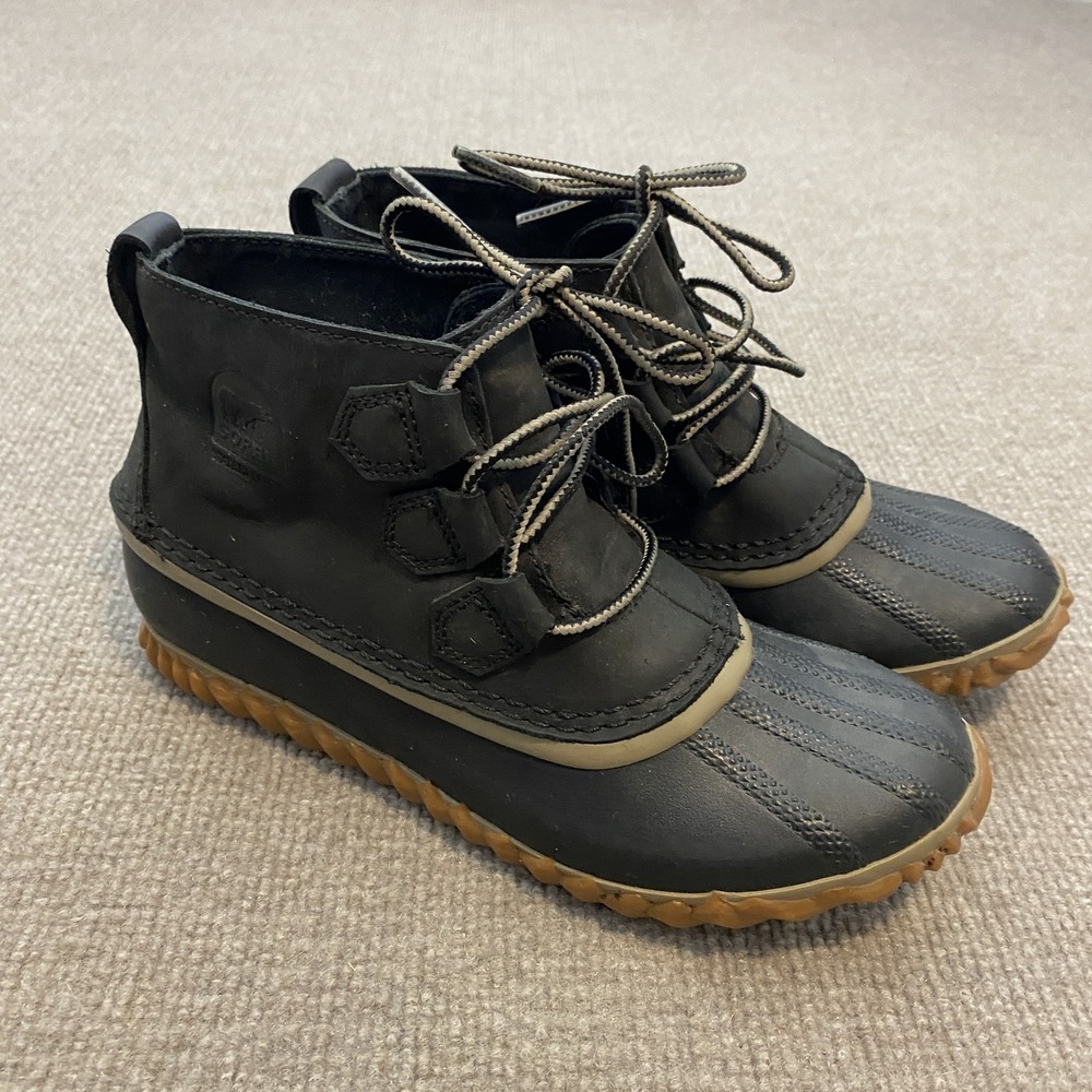 Sorel Rain Boots Womens Size 6 Black Leather Ankle Waterproof Lace Up NL2133-012